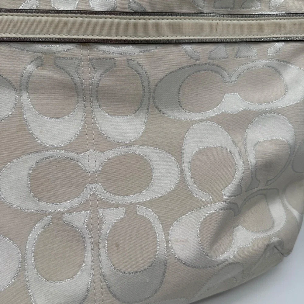 Vintage COACH Poppy Signature Sateen Glam Tote Bag White Silver Metallic 17x14